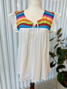 Vintage Hippie S/S Blouse With Woven Rainbow Chest & White Flowy Bodice