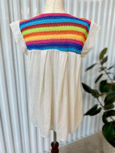 Load image into Gallery viewer, Vintage Hippie S/S Blouse With Woven Rainbow Chest &amp; White Flowy Bodice
