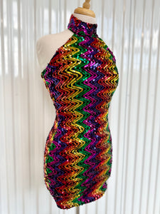 Vintage 80s-90s Sequin Rainbow Zigzag Bodycon Halter Mini Dress
