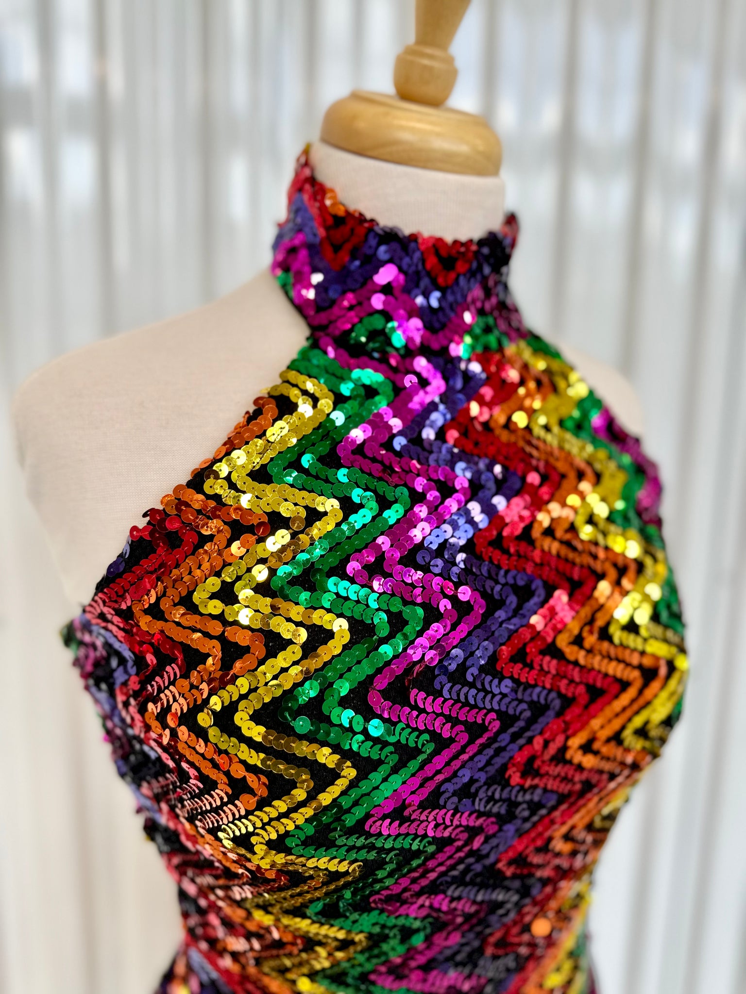 Vintage 80s-90s Sequin Rainbow Zigzag Bodycon Halter Mini Dress Eyes of Wise Vintage 80s-90s Sequin Rainbow Zigzag Bodycon Halter Mini Dress Eyes of Wise