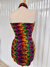 Load image into Gallery viewer, Vintage 80s-90s Sequin Rainbow Zigzag Bodycon Halter Mini Dress

