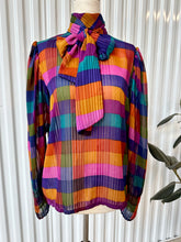 Load image into Gallery viewer, 70&#39;s Sheer Jewel Tone Rainbow Mock Neck Blouse With Ballon L/S &amp; Ascot
