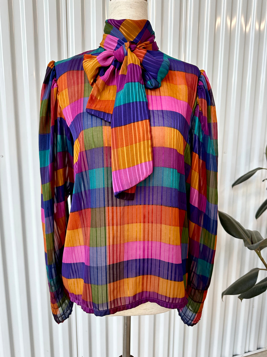 70's Sheer Jewel Tone Rainbow Mock Neck Blouse With Ballon L/S & Ascot