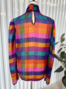 70's Sheer Jewel Tone Rainbow Mock Neck Blouse With Ballon L/S & Ascot