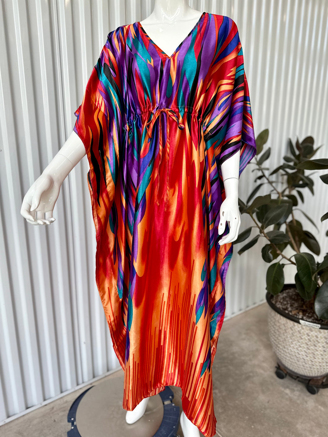 Vintage Satin Abstract Rainbow Flame Caftan Maxi Dress With Waist Tie