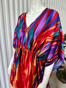 Vintage Satin Abstract Rainbow Flame Caftan Maxi Dress With Waist Tie