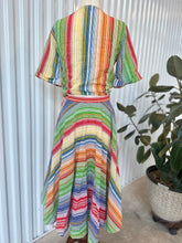 Load image into Gallery viewer, 80s-90s 2 Piece Rainbow Striped Tie Crop Top with Midi Skirt

