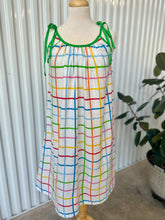 Load image into Gallery viewer, 70&#39;s Green Tie Strap Summer Tent Dress with Rainbow Check Pattern

