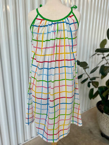 70's Green Tie Strap Summer Tent Dress with Rainbow Check Pattern