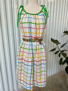 70's Green Tie Strap Summer Tent Dress with Rainbow Check Pattern