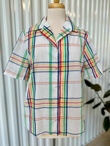 Vintage White S/S With Rainbow Line Plaid Button Down Shirt