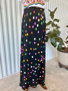 80's Carol Anderson Black Maxi Skirt With Rainbow Polka Dot Pattern
