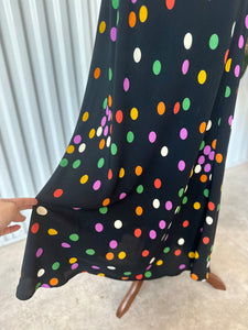 80's Carol Anderson Black Maxi Skirt With Rainbow Polka Dot Pattern