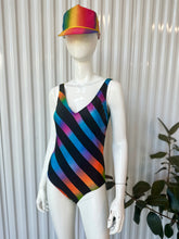 Load image into Gallery viewer, 80s Jantzen One Piece Diagonal Black &amp; Rainbow Striped Swimsuit / Bodysuit
