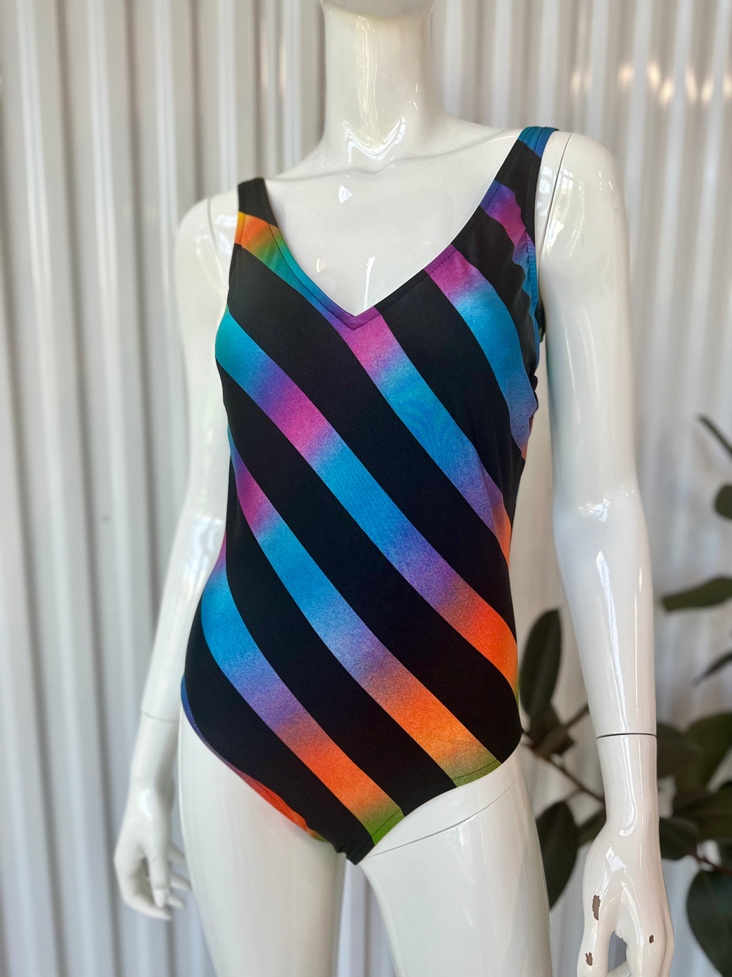 80s Jantzen One Piece Diagonal Black & Rainbow Striped Swimsuit / Bodysuit