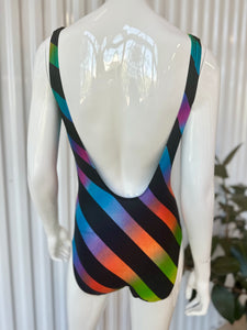 80s Jantzen One Piece Diagonal Black & Rainbow Striped Swimsuit / Bodysuit