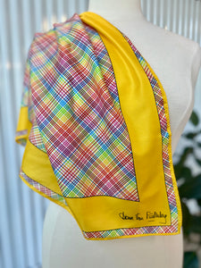 Vintage DVF Designer Silk Scarf With Yellow Border & Rainbow Plaid
