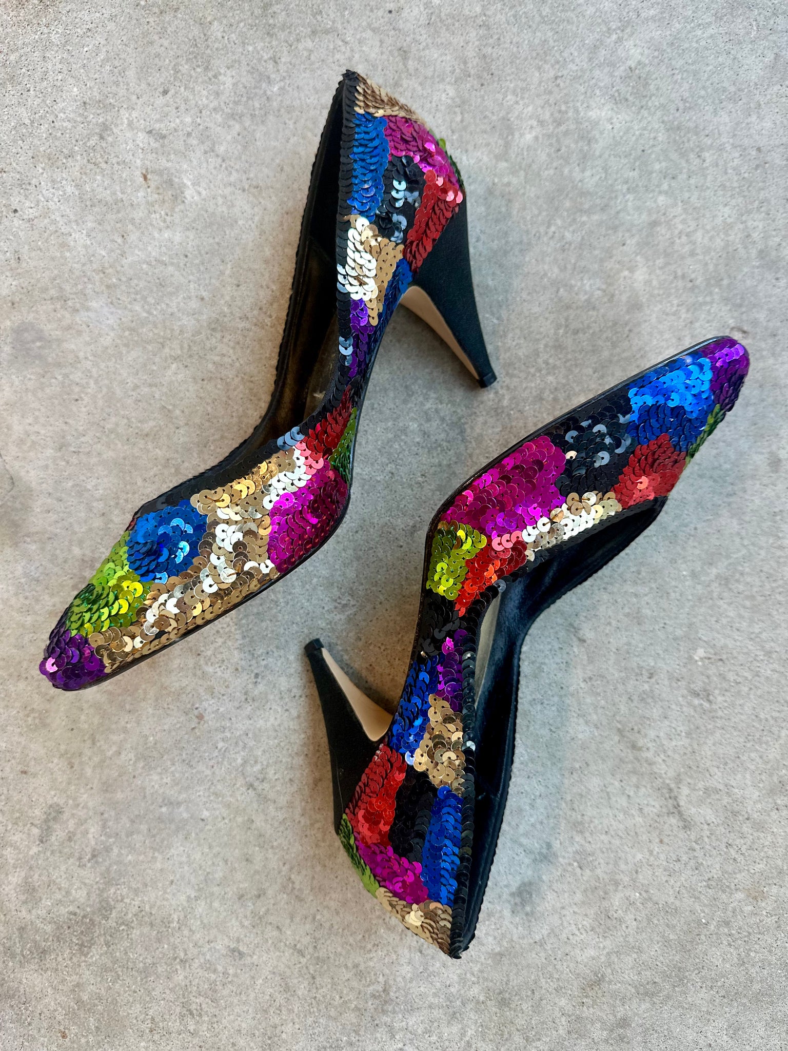80's J. Rene Rainbow Sequin Kitten Heels Eyes of Wise 80's J. Rene Rainbow Sequin Kitten Heels Eyes of Wise