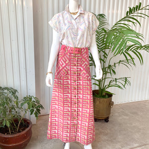 60s Bubble Gum Pink Geometric Pattern Knit Maxi Skirt With Belt