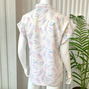 1980s White With Abstract Pastel Brushstroke Print Short Sleeve Button Up Blouse