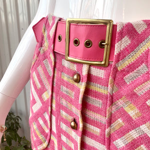 60s Bubble Gum Pink Geometric Pattern Knit Maxi Skirt With Belt