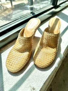 Vintage Eddie Bauer Light Tan Woven Leather Wedge Mules