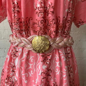 1980s Pink Braided Rope Belt with Engraved Gold Medallion