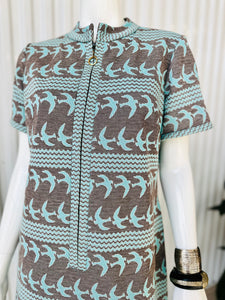 1960s Novelty Bird Print Knit Shift Dress