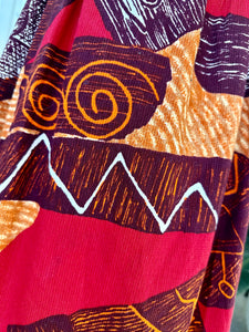 1960s Red & Orange Hawaiian Tribal Prairie Style Midi Dress