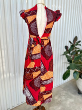 Load image into Gallery viewer, 1960s Red &amp; Orange Hawaiian Tribal Prairie Style Midi Dress
