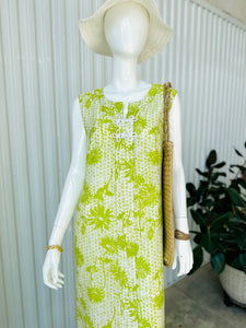 1960s Chartreuse Floral Asian Style Sleeveless Maxi Dress