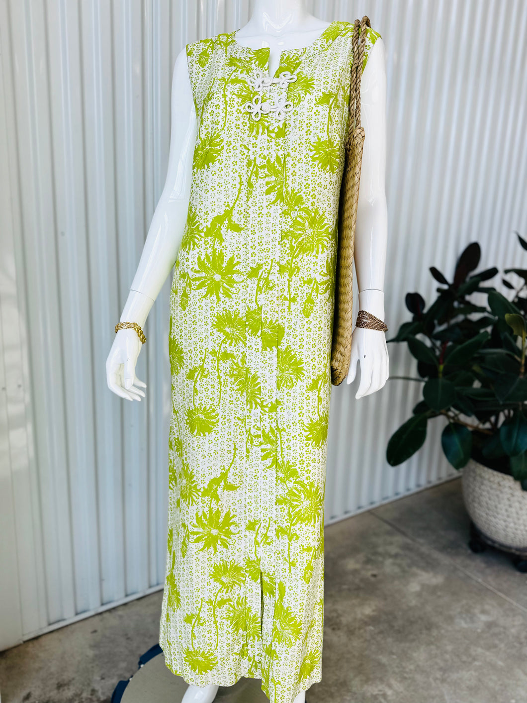 1960s Chartreuse Floral Asian Style Sleeveless Maxi Dress