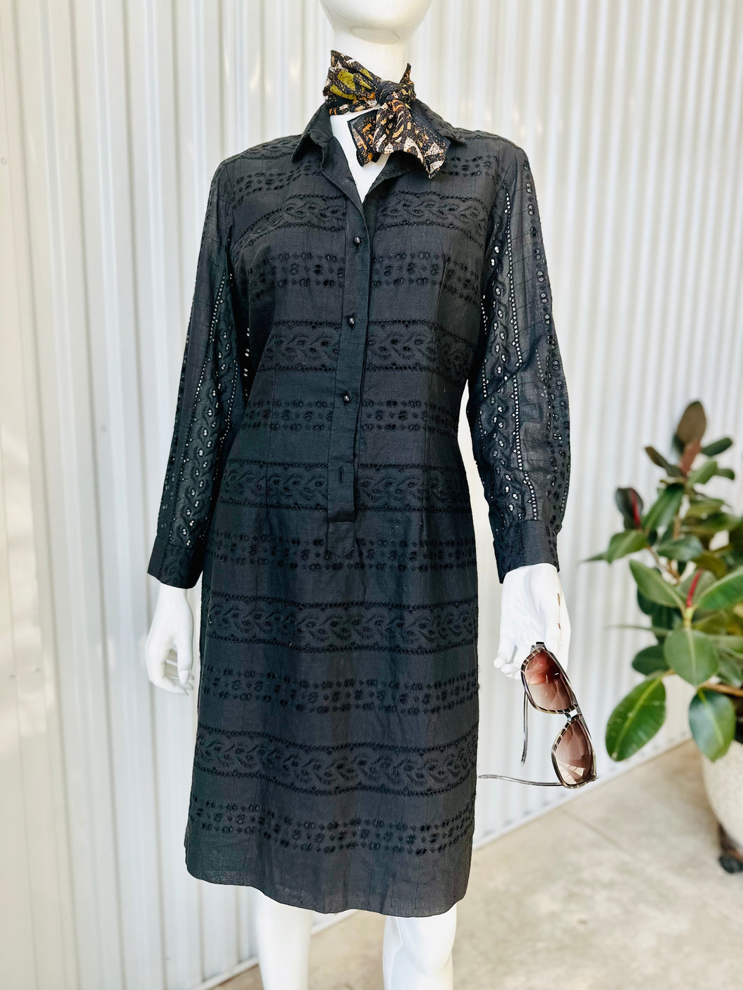 1950s-60s Black Cotton Long Sleeve Eyelet Dress