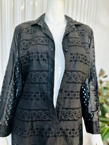 1950s-60s Black Cotton Long Sleeve Eyelet Dress