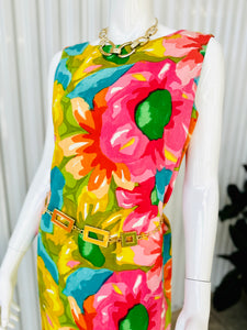 1960s Vibrant Hawaiian Floral Sleeveless Column Maxi  Dress