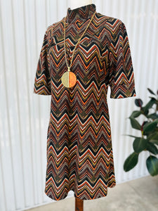 1970s Inspired Chevron Print Light Knit Shift Dress