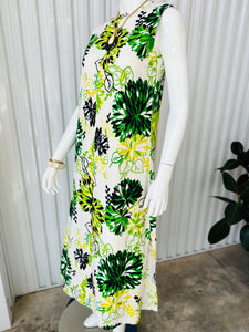 1960s Bold Blue, Green & Yellow Floral Sleeveless Maxi  Dress