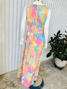 1960s-70s Sleeveless Psychedelic Pastel Rainbow Maxi Dress
