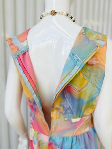 1960s-70s Sleeveless Psychedelic Pastel Rainbow Maxi Dress