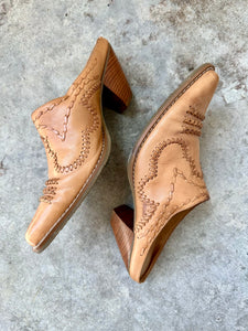Vintage Bass Tan Leather Stacked Heel Western Mules