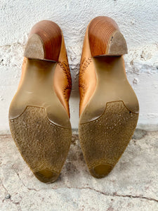 Vintage Bass Tan Leather Stacked Heel Western Mules