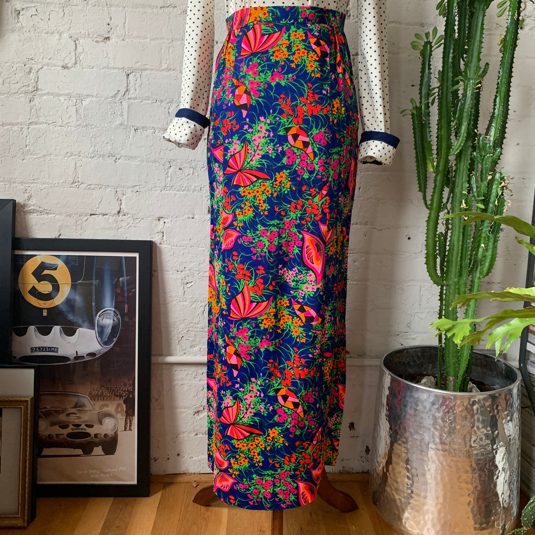 1960s Bright Geometric Butterfly & Floral Maxi Skirt