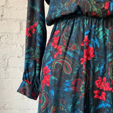 Load image into Gallery viewer, 1970s-80s Handmade Black Dress With Paisley &amp; Tropical Floral Design
