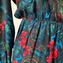 Load image into Gallery viewer, 1970s-80s Handmade Black Dress With Paisley &amp; Tropical Floral Design
