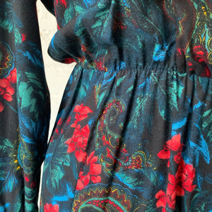 1970s-80s Handmade Black Dress With Paisley & Tropical Floral Design