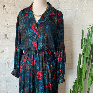 1970s-80s Handmade Black Dress With Paisley & Tropical Floral Design