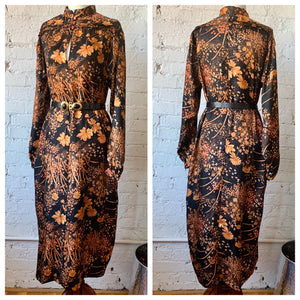 1970s Handmade Black Long Sleeve Maxi Dress/Kaftan With Orange Floral Print