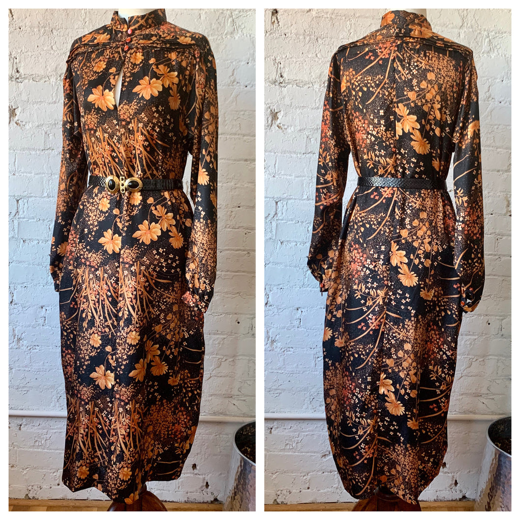 1970s Handmade Black Long Sleeve Maxi Dress/Kaftan With Orange Floral Print