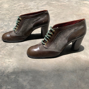 Vintage Italian Olive Brown Leather & Suede Stack Heeled Oxfords