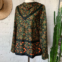 Load image into Gallery viewer, 1970s Black Floral Blouse With Handkerchief Neckline
